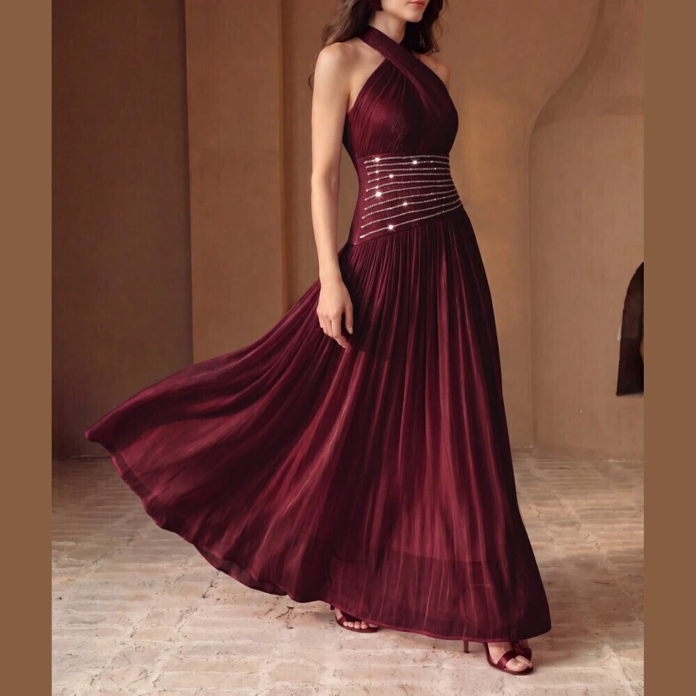 Burgundy Organza Halter Rhinestone Waist Pleated Maxi Dress